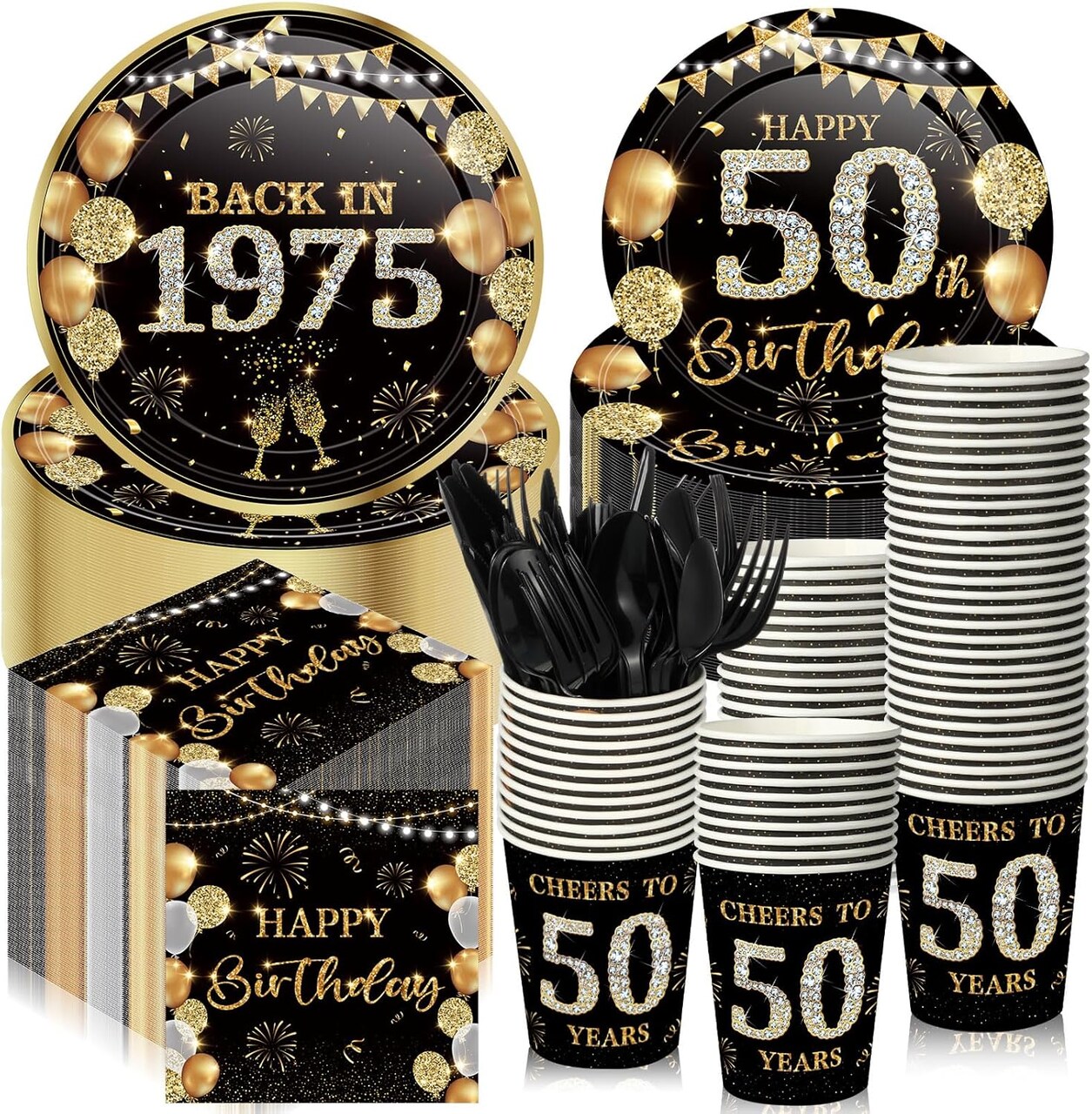 240 Pcs 50th Birthday Party Tableware Sets Include Plates Napkins 9oz Cups Cutlery Anniversary Dinnerware Party Supplies for Men Women Him Her, Serve 30 Guests (Black Gold)